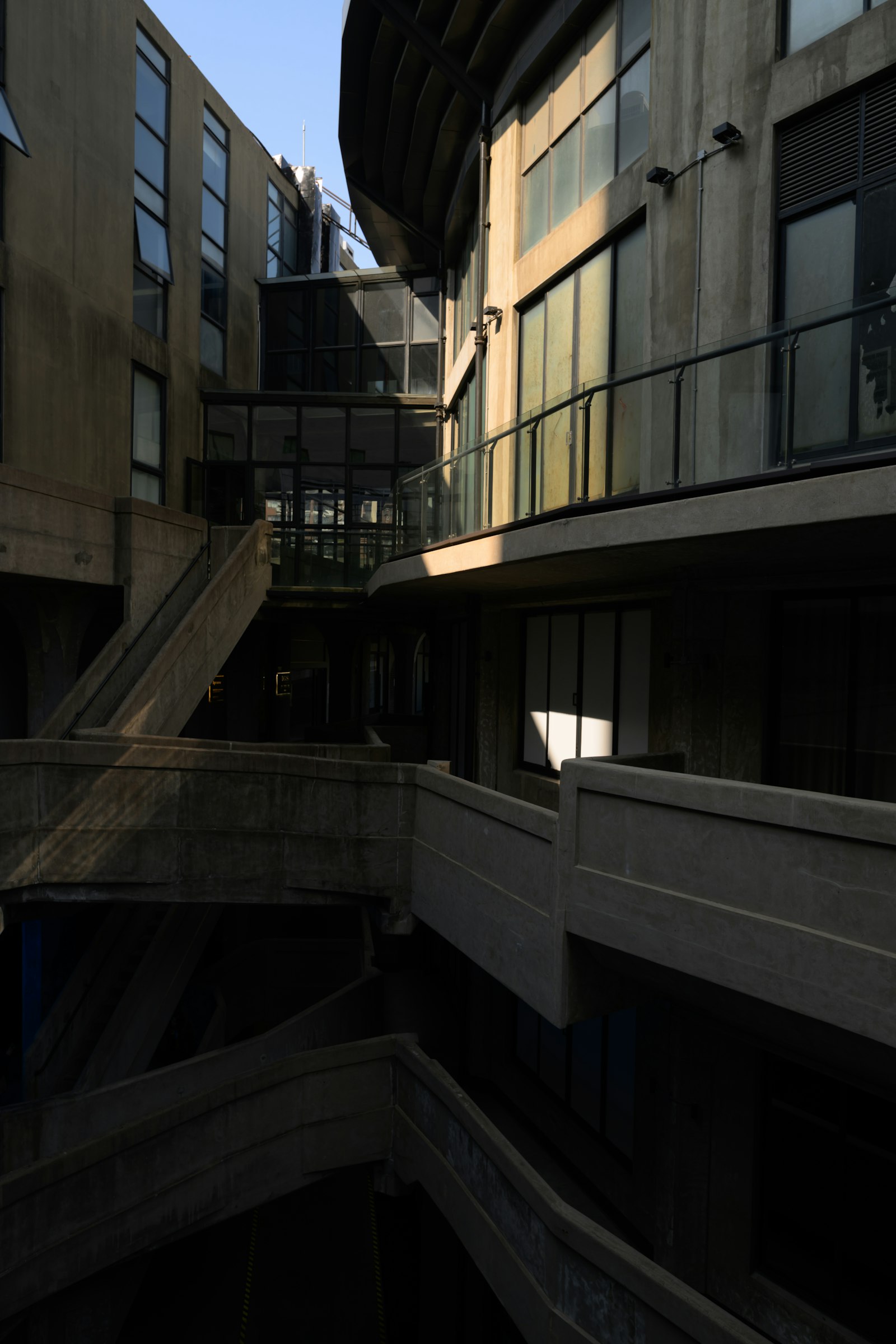 Solberg House, concrete balconies lit at sunset